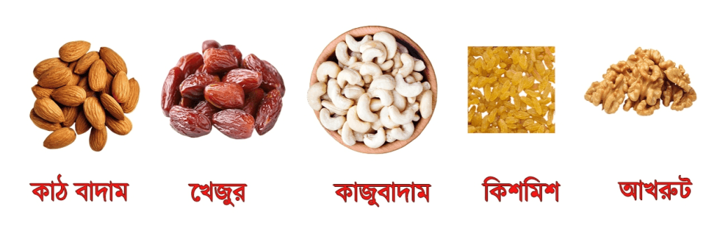 কাঠ বাদাম, খেজুর, কাজুবাদাম, কিশমিশ, আখরোট